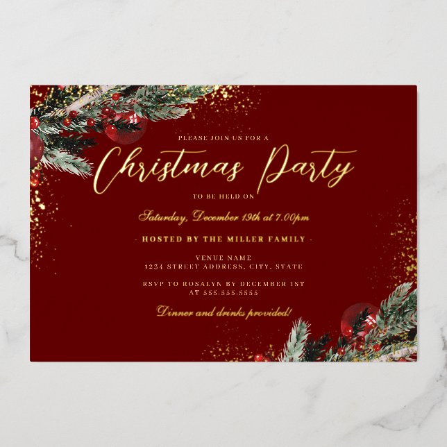 Festive Gold Red Sparkle Foliage Christmas Party Foil Invitation (Front)