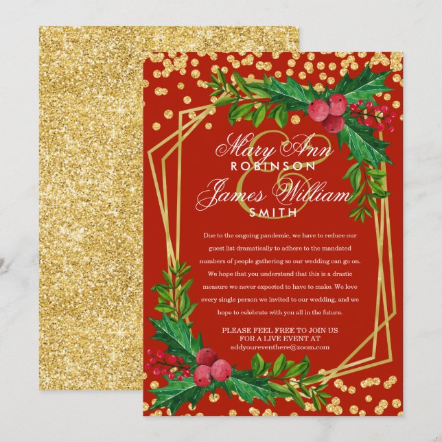 Festive Gold Reduced Christmas Wedding Holly Red Invitation (Front/Back)