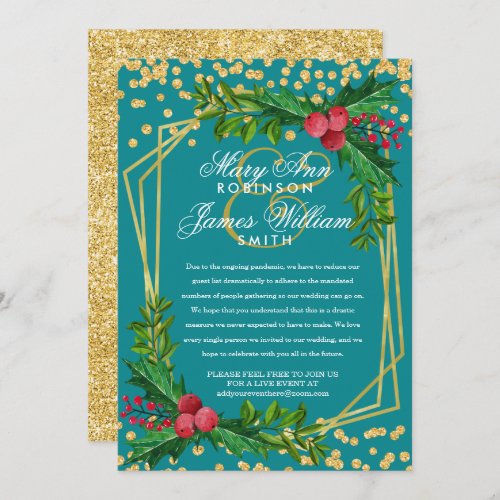 Festive Gold Reduced Christmas Wedding Holly Teal Invitation