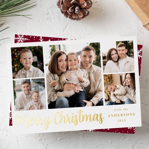 Festive Gold Script 5 Photo Collage Foil Holiday Card