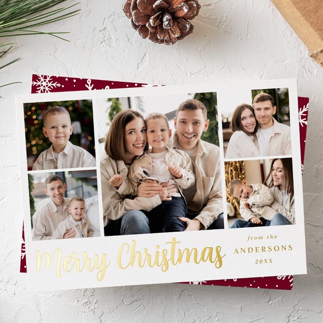 Festive Gold Script 5 Photo Collage Foil Holiday Card (Creator Uploaded)