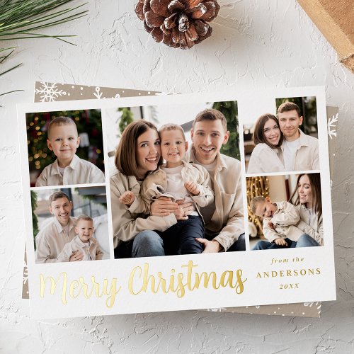 Festive Gold Script 5 Photo Collage Foil Holiday Card