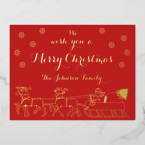 Festive Gold Script Merry Christmas Santa on Sled Foil Invitation Postcard