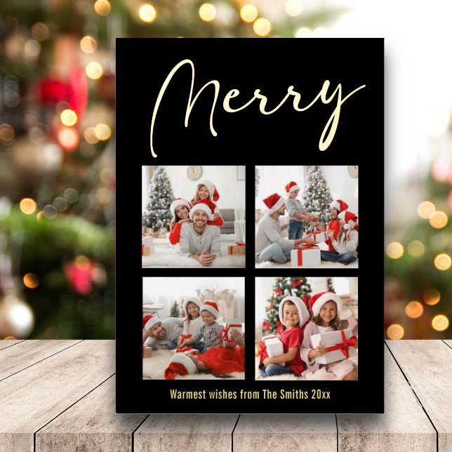 Festive Gold Script MERRY Modern Black Photo Foil Holiday Card (Creator Uploaded)