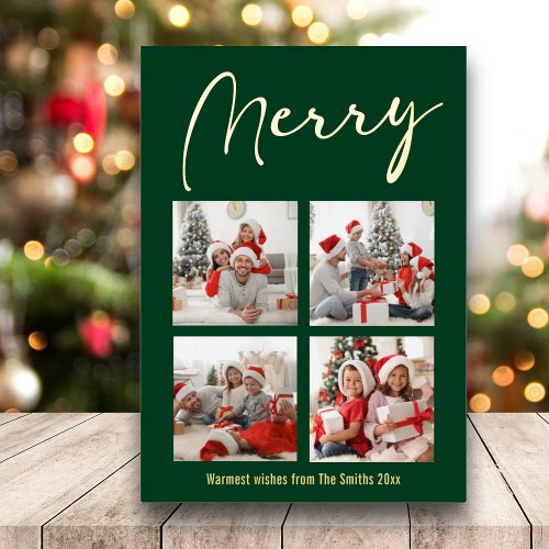 Festive Gold Script MERRY Modern Green Photo Foil Holiday Card