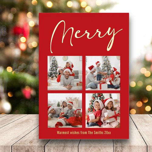 Festive Gold Script MERRY Modern Red Photo Foil Holiday Card