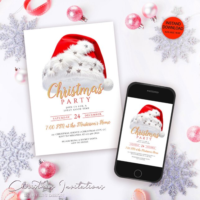 Festive Gold Script Santa Hat Christmas Party Invitation (Creator Uploaded)