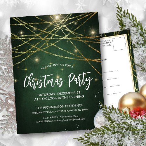 Festive Gold String Lights Sparkle Christmas Party Invitation Postcard