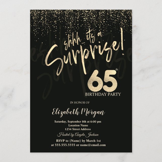 Festive Gold Surprise 65th Birthday Party Invitation (Front)