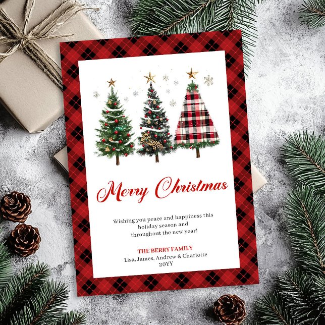Festive Gold Tone Buffalo Plaid Christmas Tree  Holiday Card (Festive Gold Tone Buffalo Plaid Christmas Tree Card)