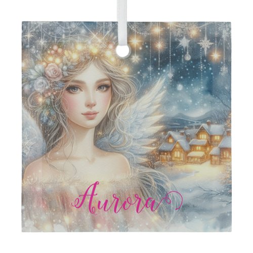 Festive Gold Watercolor Ethereal Frost Snow Angel Glass Ornament