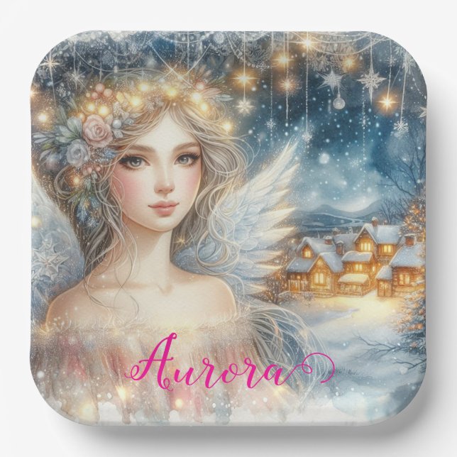 Festive Gold Watercolor Ethereal Frost Snow Angel Paper Plates (Front)