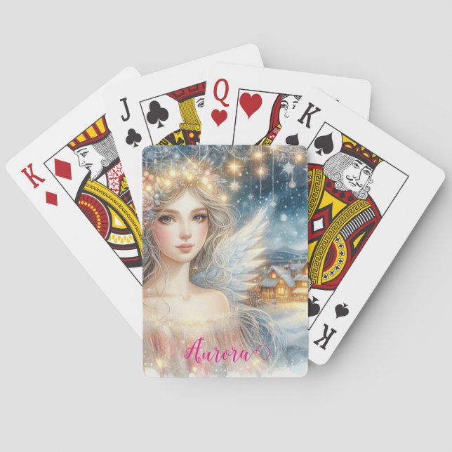 Festive Gold Watercolor Ethereal Frost Snow Angel Poker Cards (Back)