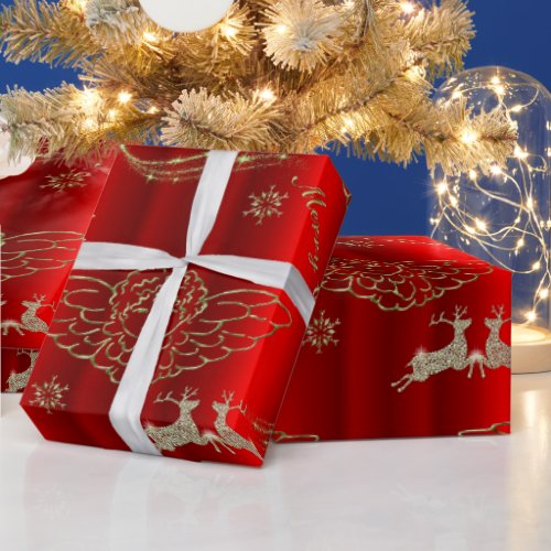 Festive Golden Angels and Sparkling Deer Red Xmas