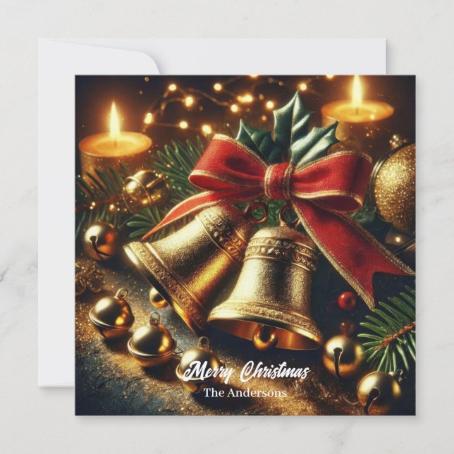 Festive golden Christmas bells and decorations Holiday Card (Front)