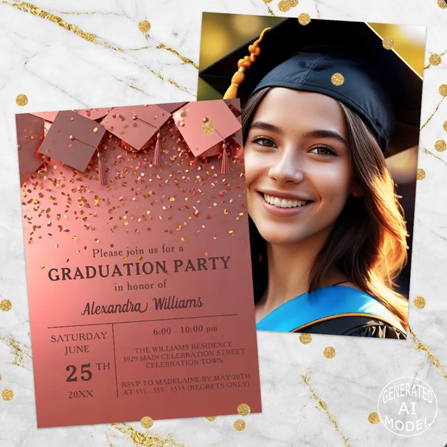 Festive Golden Confetti on Pink Graduation Party Invitation (Creator Uploaded)