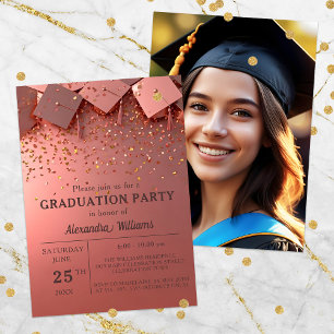 Festive Golden Confetti on Pink Graduation Party Invitation