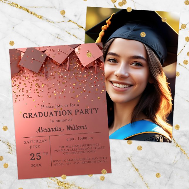 Festive Golden Confetti on Pink Graduation Party Invitation (Creator Uploaded)