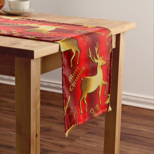 Festive Golden Deer on Red Christmas Long Table Runner