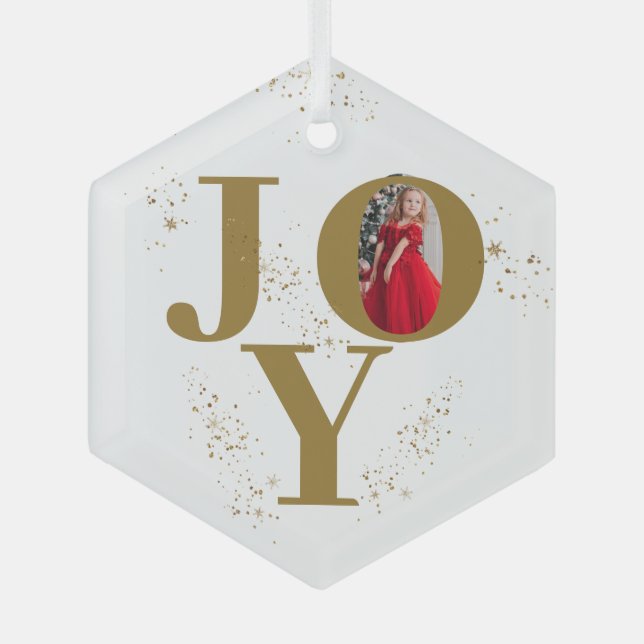 Festive Golden Joy Christmas Photo Glass Ornament (Front)