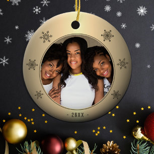 Festive Golden Metallic Snowflake Family Photo Ceramic Ornament