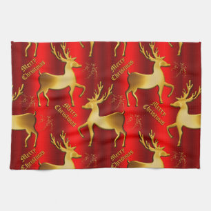 Festive Golden Reindeer on Red Merry Christmas Kitchen Towel