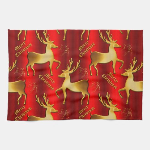 Festive Golden Reindeer on Red Merry Christmas Kitchen Towel