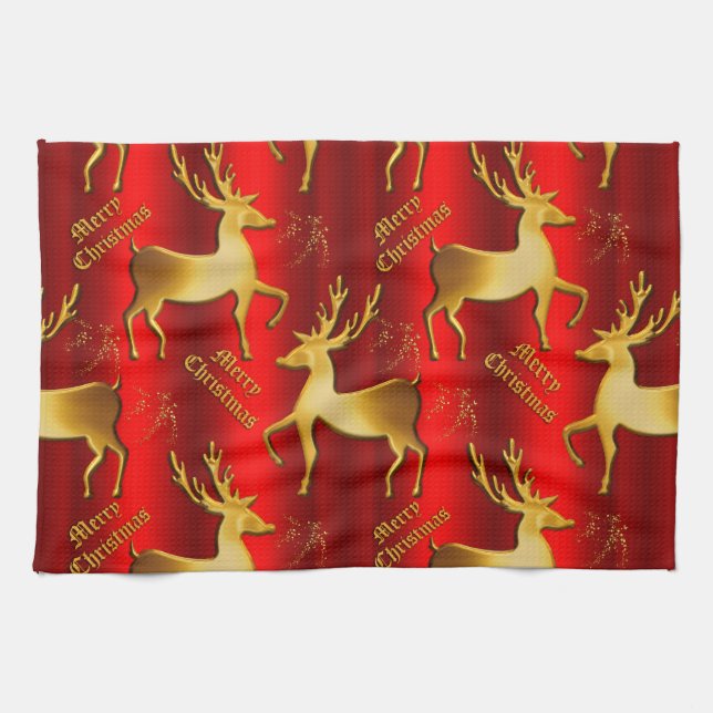 Festive Golden Reindeer on Red Merry Christmas Kitchen Towel (Horizontal)