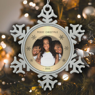 Festive Golden Snowflake Metallic Family Photo Pewter Christmas Ornament