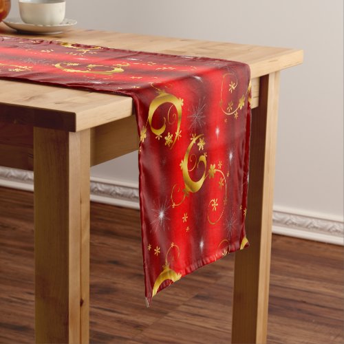 Festive Golden Swirls and Stars on Red Christmas Short Table Runner