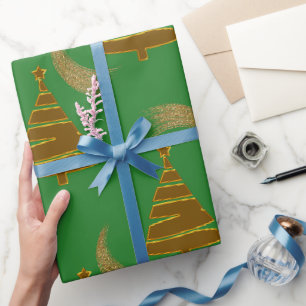 Festive Golden Trees on Green Christmas Wrapping Paper