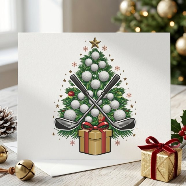Festive Golf Ball Christmas Tree with Crossed Club Holiday Card (Creator Uploaded)