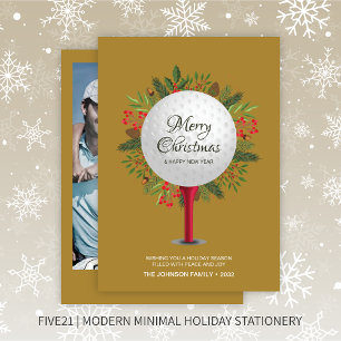 Festive Golf Tee Shot Christmas Greenery Photo Holiday Card