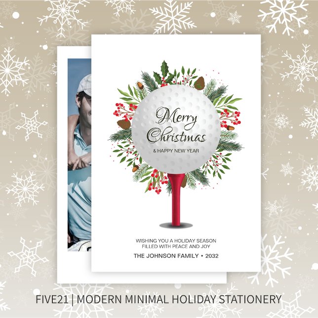Festive Golf Tee Shot Christmas Greenery Photo Holiday Card (Creator Uploaded)