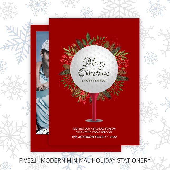 Festive Golf Tee Shot Christmas Greenery Photo Holiday Card (Creator Uploaded)