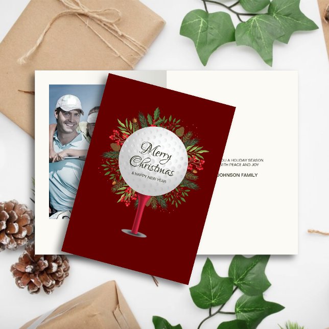 Festive Golf Tee Shot Christmas Greenery Photo Holiday Card (Creator Uploaded)