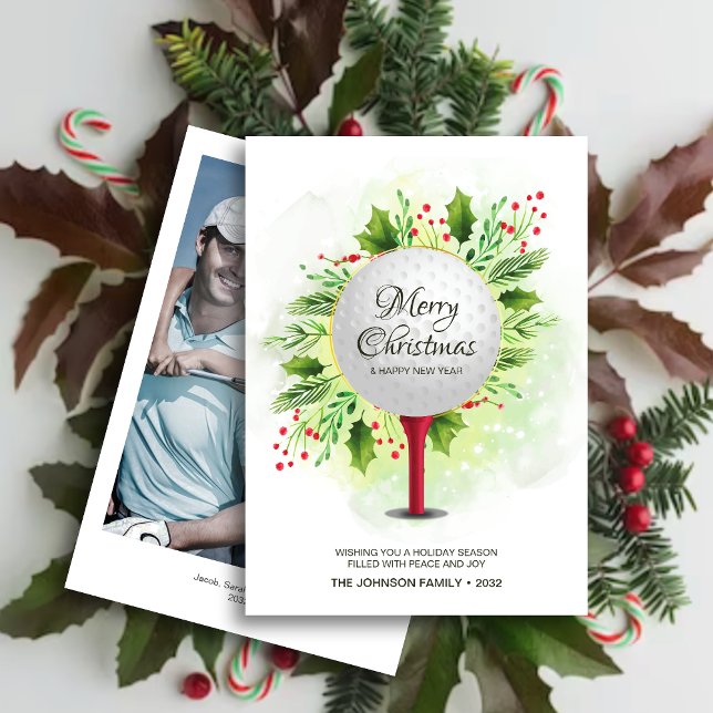 Festive Golf Tee Shot Christmas Greenery Photo Holiday Card (Creator Uploaded)