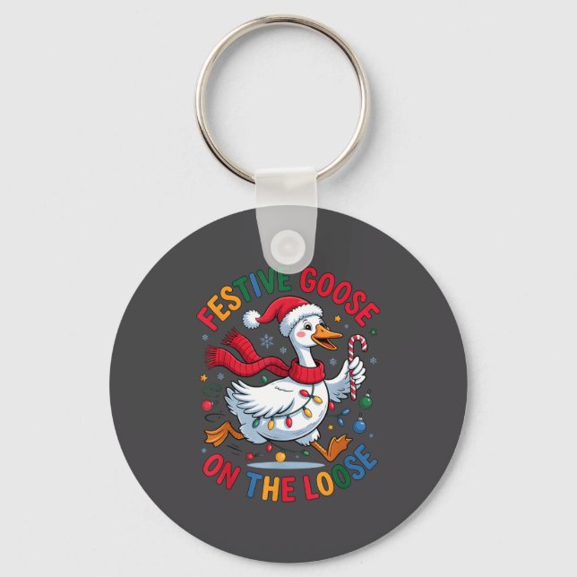 Festive Goose On Loose Christmas Cute Holiday Wint Keychain (Front)