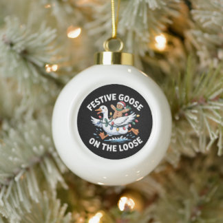 Festive Goose On The Loose Christmas Gingerbread Ceramic Ball Christmas Ornament