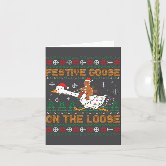 Festive Goose On The Loose Funny Gingerbread Ugly  Card (Front)