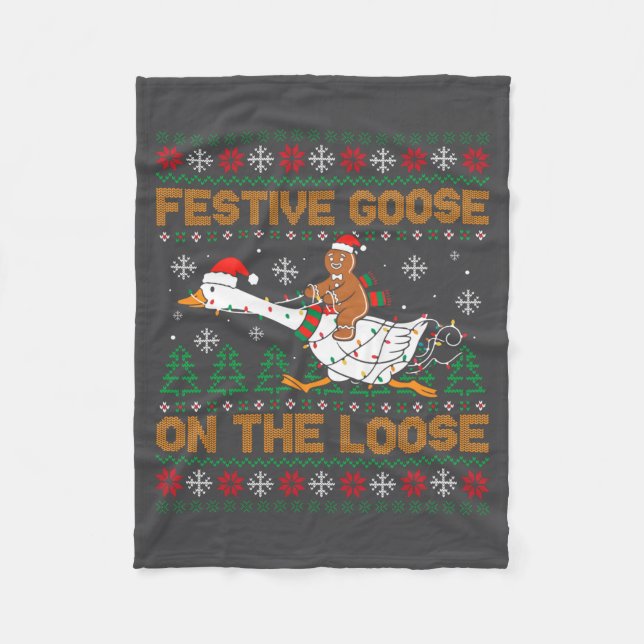 Festive Goose On The Loose Funny Gingerbread Ugly  Fleece Blanket (Front)