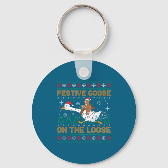 Festive Goose On The Loose Funny Gingerbread Ugly  Keychain (Front)