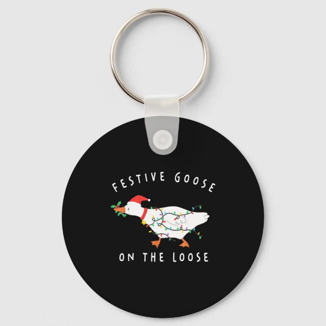 Festive Goose On The Loose Funny Silly Goose Retro Keychain (Front)