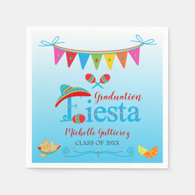 Festive Graduation Fiesta Personalized Blue Ombre Napkins (Front)