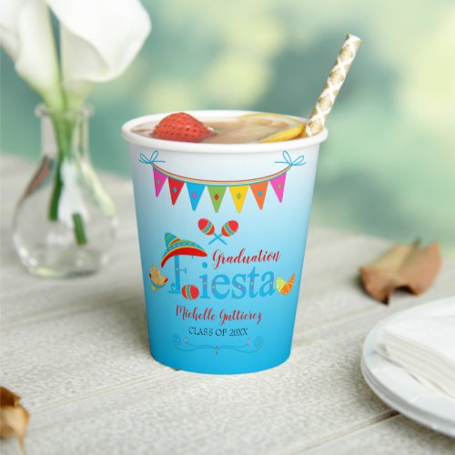 Festive Graduation Fiesta Personalized Blue Ombre Paper Cups