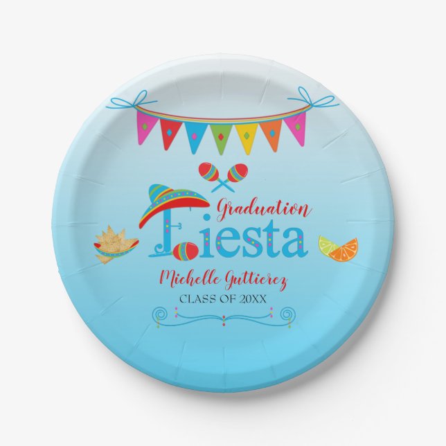 Festive Graduation Fiesta Personalized Blue Ombre Paper Plates (Front)