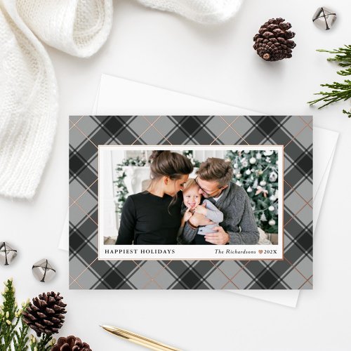 Festive Gray and Rose Gold Tartan Plaid Photo Foil Holiday Card