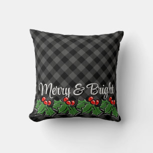 Festive gray black plaid holly leaves berries throw pillow