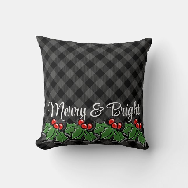 Festive gray black plaid holly leaves berries throw pillow (Front)
