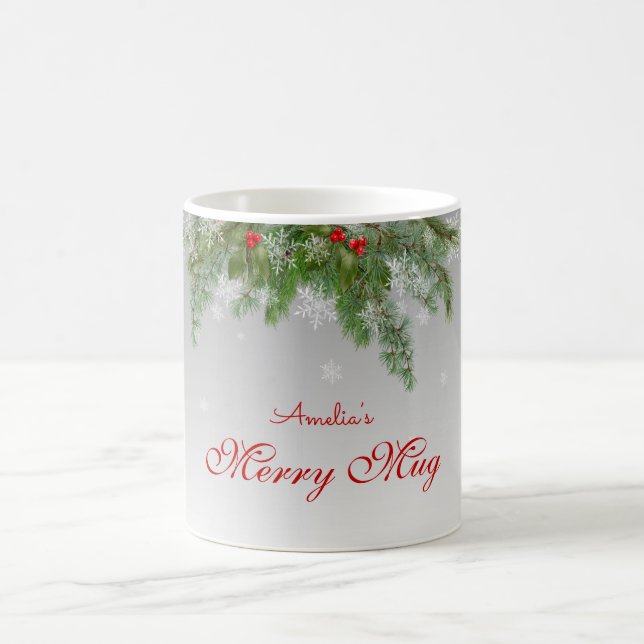 Festive Gray Christmas Pine & Snowflakes Merry Mug (Center)